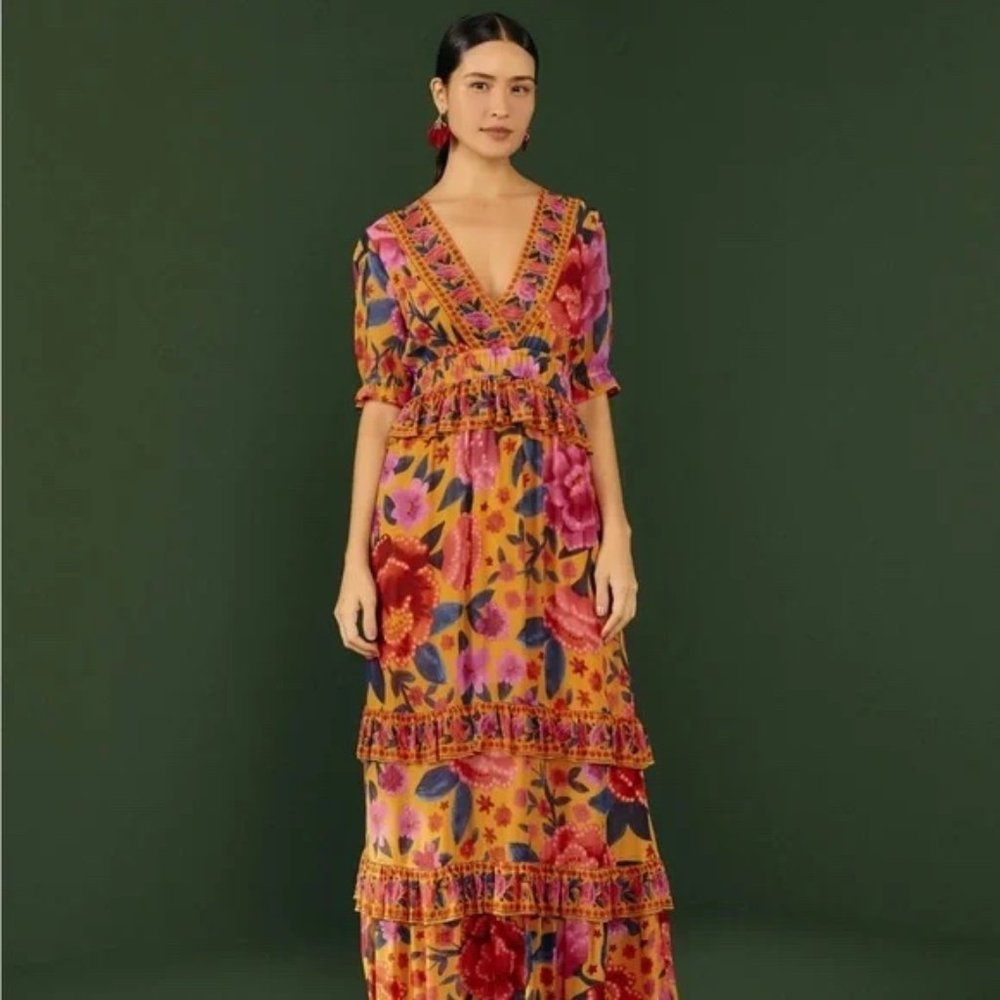 Yellow tiered floral maxi dress by Farm Rio, never worn